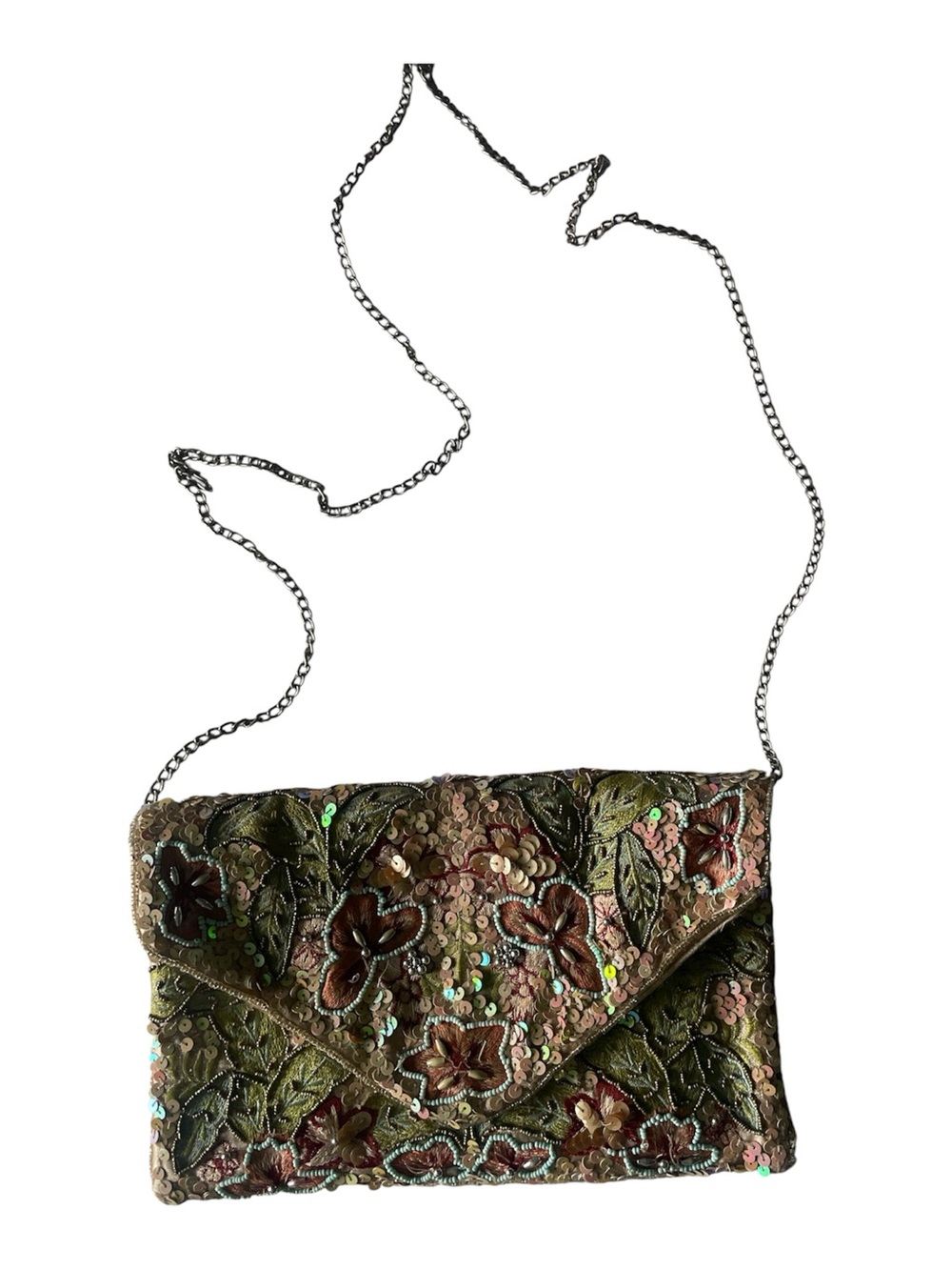 Embroidered Floral Sequin Envelope Clutch - Green